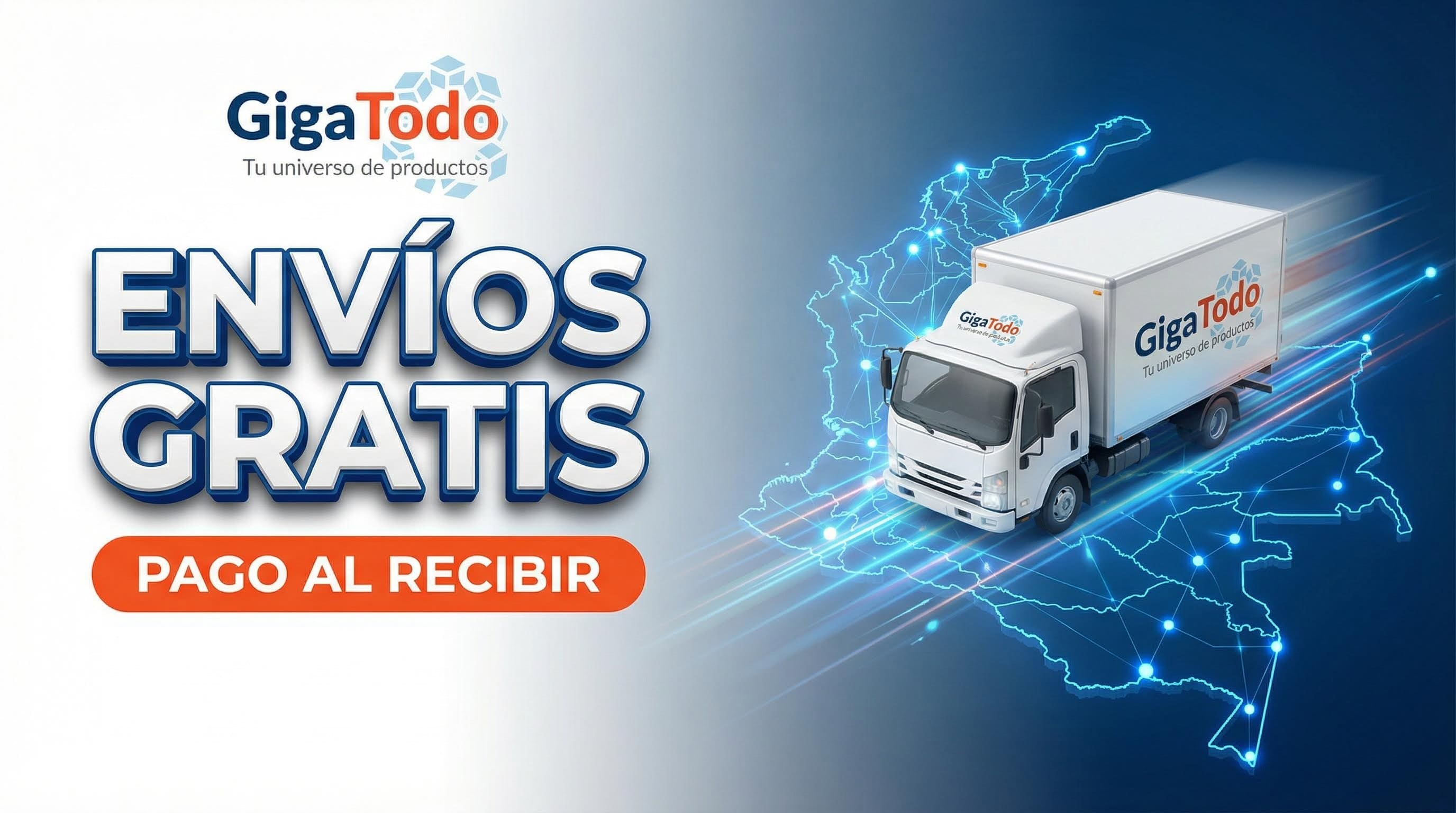 Banner promocional da GigaTodo com fundo degradê azul e branco. À direita, um caminhão de entrega 3D rápido sobre o mapa digital da Colômbia. À esquerda, texto grande em 3D: ENVIOS GRATIS. Abaixo, botão laranja: PAGO AL RECIBIR.