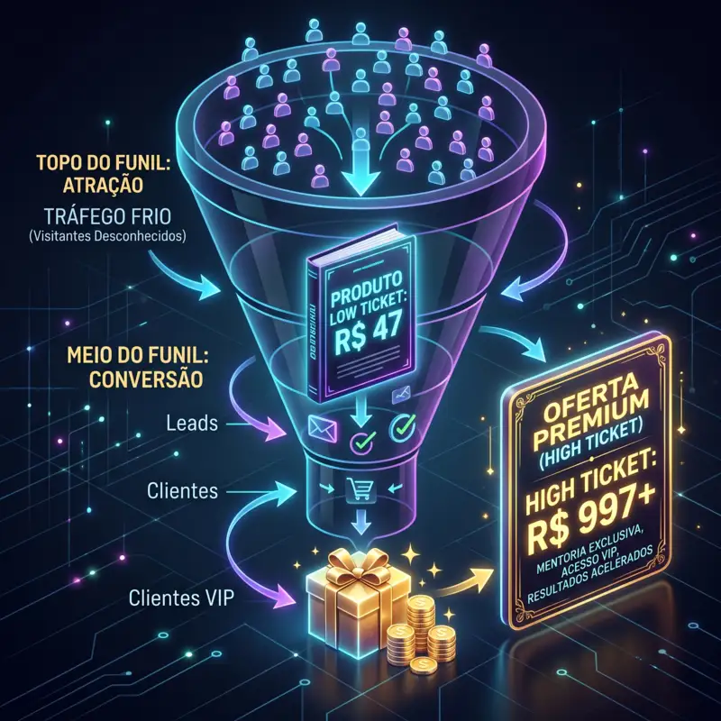 Diagrama do funil de aquisição com Low Ticket: visitante frio vira lead pagante e comprador de high ticket