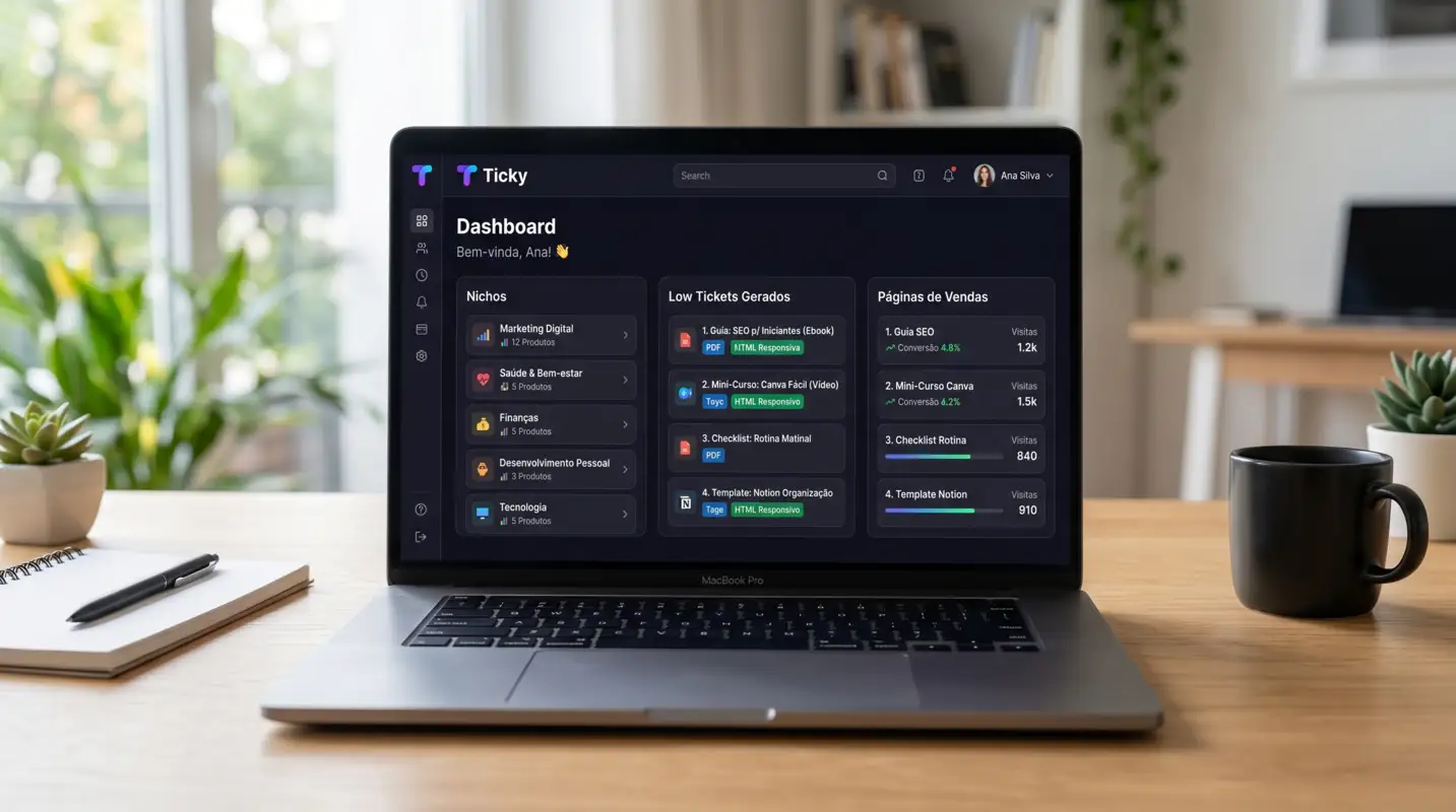 Dashboard do Ticky mostrando o painel Kanban com as 9 etapas de criação do produto