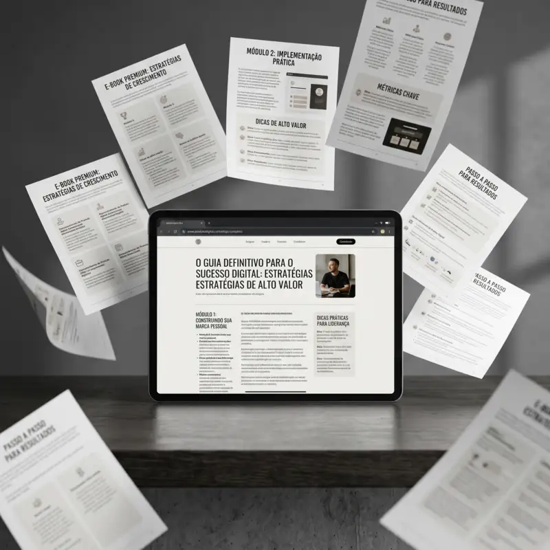 Mockup dos entregáveis gerados pelo Ticky: HTML, PDF e Landing Page